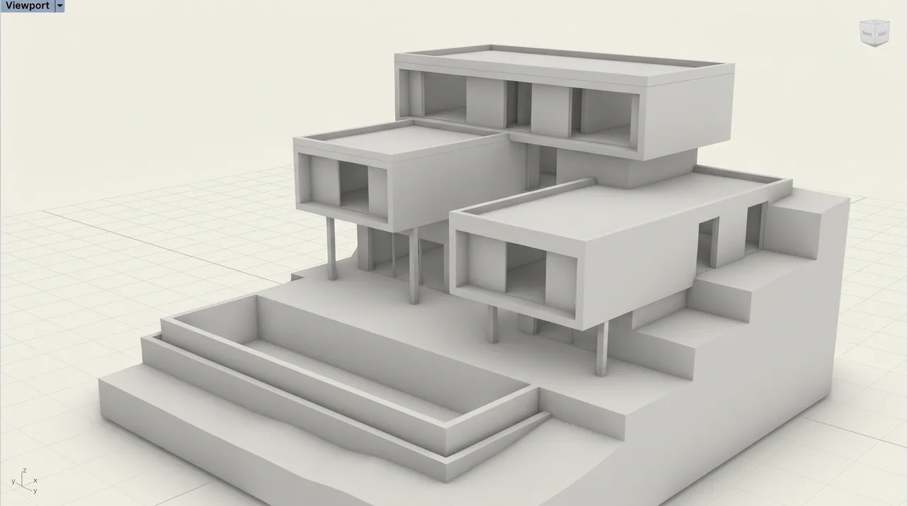 Untextured 3D viewport view of a stepped contemporary house with a long pool, shown as grey massing