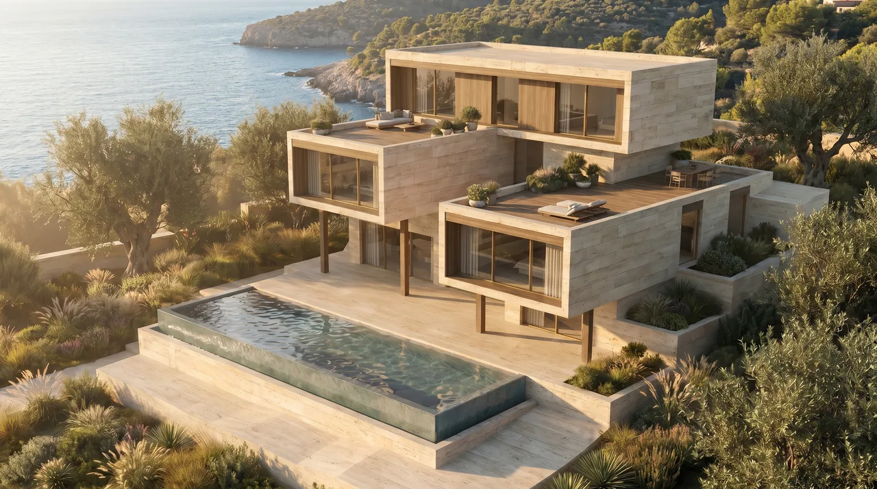 Golden-hour aerial view of a stepped contemporary house with a long pool and olive trees above a bay