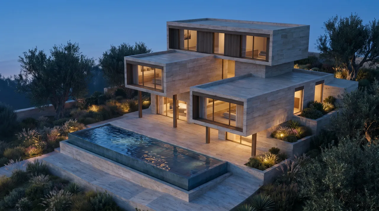 Dusk view of the same stepped contemporary house with warm lit interiors, landscape lighting and a deep blue sky