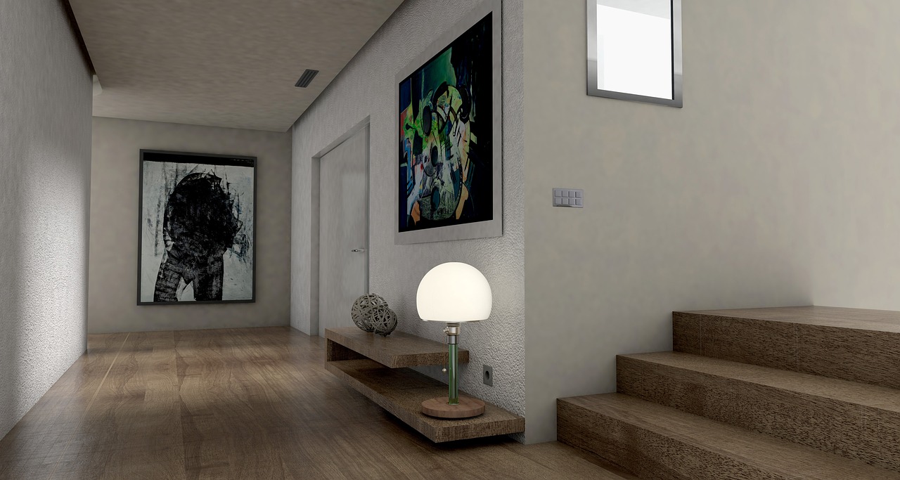 Photoreal interior render of a hallway with a floating timber console, a table lamp and an open stair