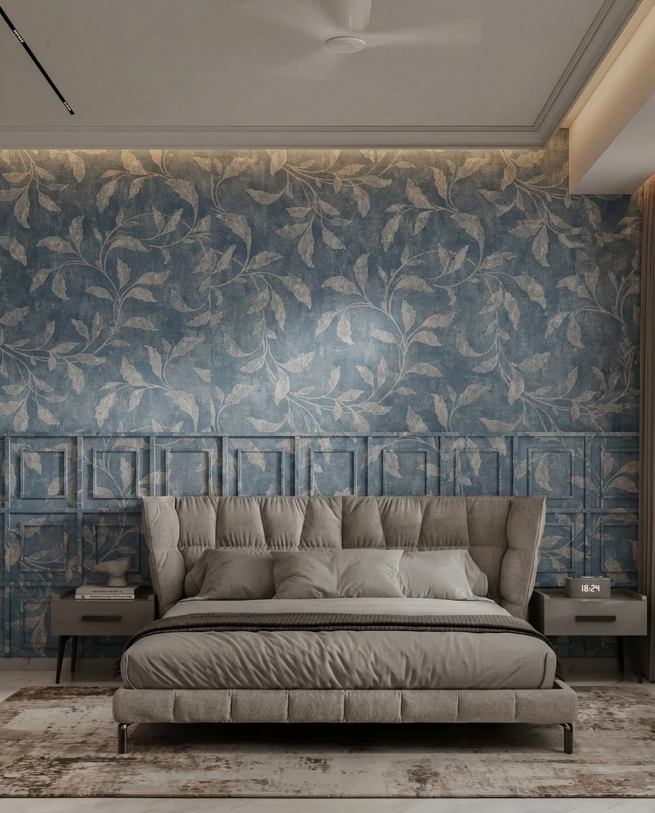 The same bedroom render with a blue and gold leaf-patterned wall covering replacing the blush panelling