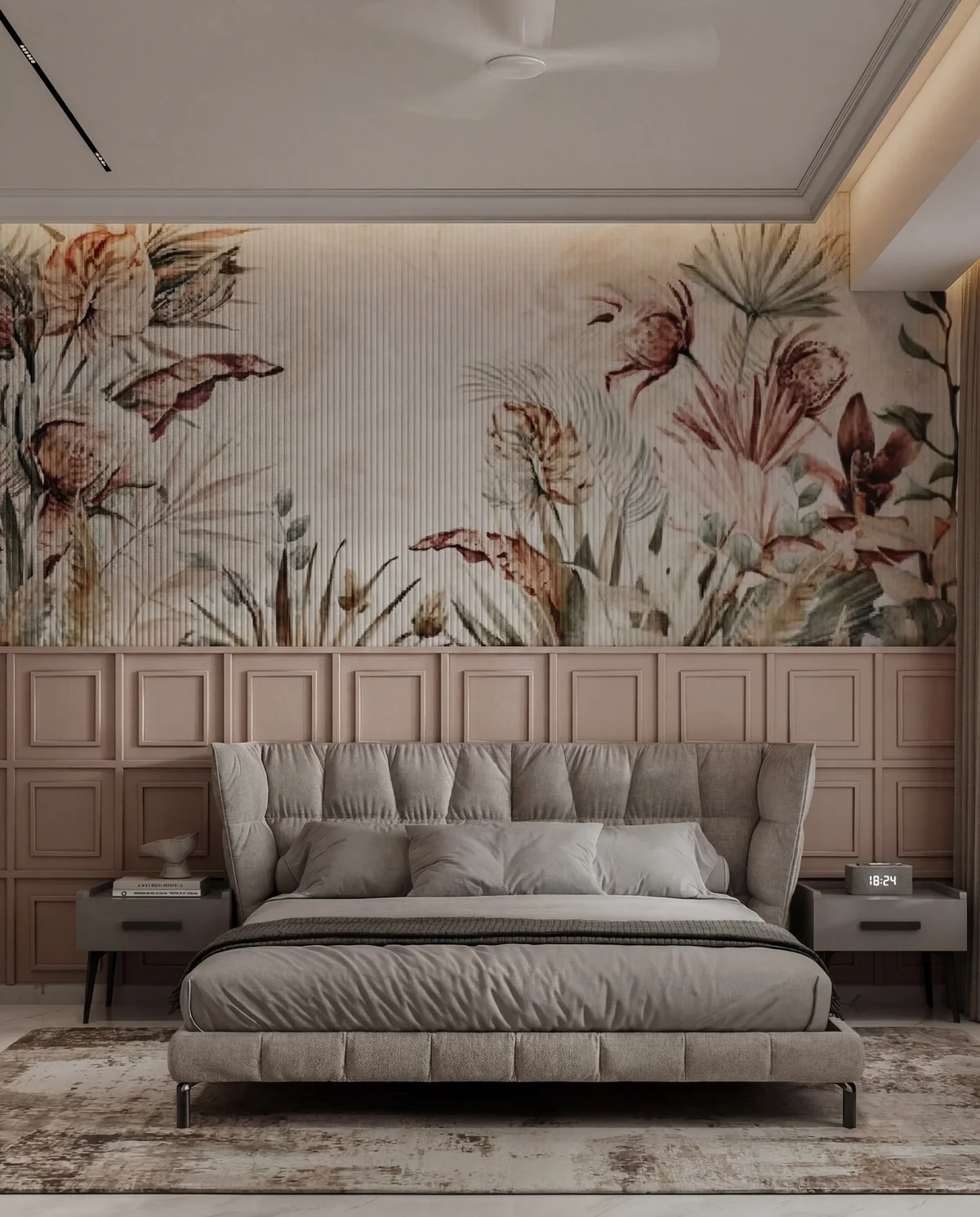 Bedroom render with blush panelled walls and a botanical mural behind a grey upholstered bed