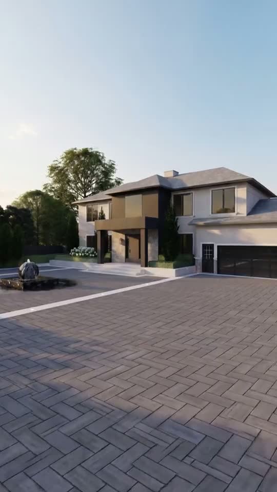 Still frame from an architectural walkthrough film showing a contemporary house exterior