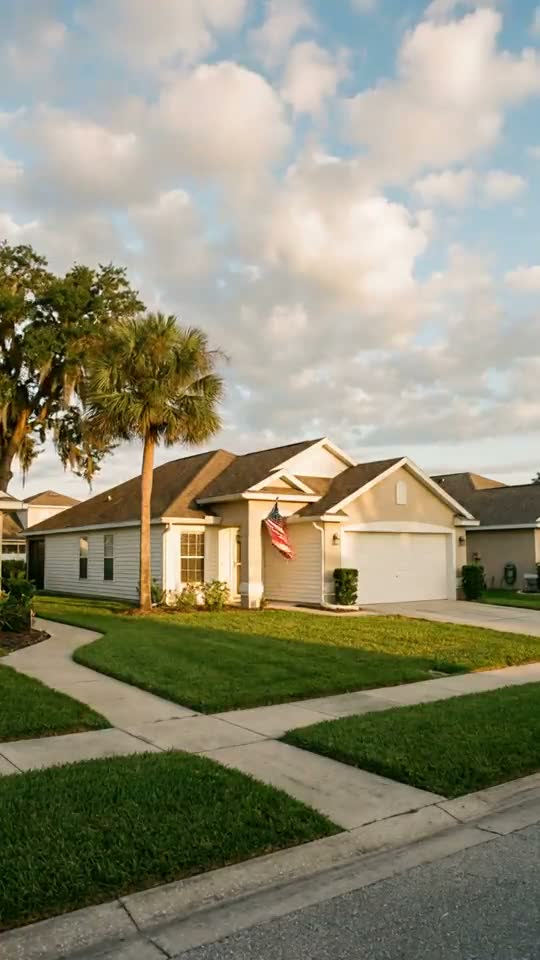 Still frame from a property film showing a single-storey house with a palm tree and a lawn at golden hour